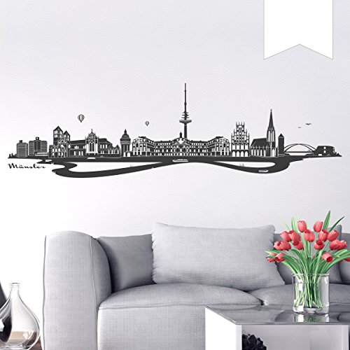 WANDKINGS Wandtattoo - Skyline Münster (mit Fluss) - 160 x 45 cm - Weiß - Wähle aus 6 Größen & 35 Farben von WANDKINGS