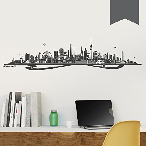 WANDKINGS Wandtattoo - Skyline Ruhrpott (mit Fluss) - 160 x 37 cm - Dunkelgrau - Wähle aus 6 Größen & 35 Farben von WANDKINGS