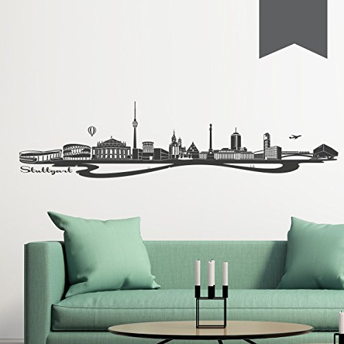 WANDKINGS Wandtattoo Skyline Stuttgart (mit Sehenswürdigkeiten und Wahrzeichen der Stadt) 160 x 38 cm dunkelgrau - erhältlich in 33 Farben von WANDKINGS