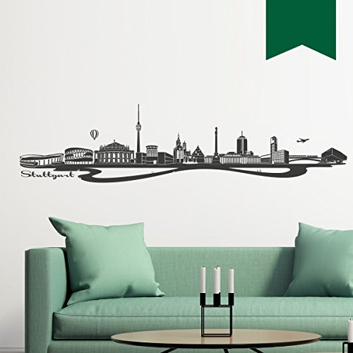 WANDKINGS Wandtattoo Skyline Stuttgart (mit Sehenswürdigkeiten und Wahrzeichen der Stadt) 190 x 46 cm dunkelgrün - erhältlich in 33 Farben von WANDKINGS