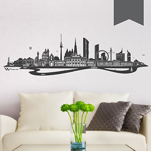 WANDKINGS Wandtattoo - Skyline Wien (mit Fluss) - 140 x 40 cm - Dunkelgrau - Wähle aus 6 Größen & 35 Farben von WANDKINGS