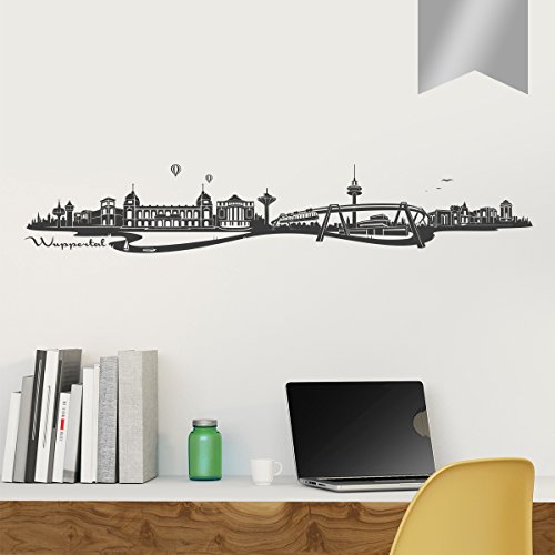 WANDKINGS Wandtattoo - Skyline Wuppertal (mit Fluss) - 300 x 52 cm - Silber - Wähle aus 6 Größen & 35 Farben von WANDKINGS