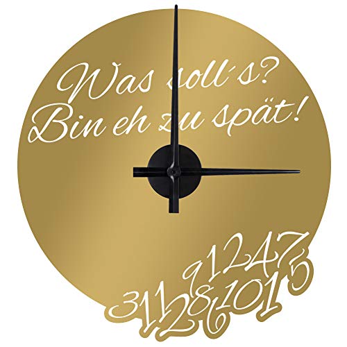 WANDKINGS "Was soll’s? Bin eh zu spät! Wanduhr Wandtattoo (Farbe: Uhr=Schwarz, Aufkleber=Gold) von WANDKINGS