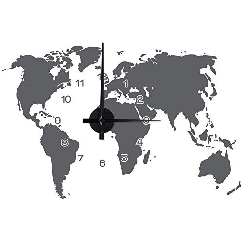WANDKINGS "Weltkarte Wanduhr Wandtattoo (Farbe: Uhr=Schwarz, Aufkleber=Dunkelgrau) von WANDKINGS