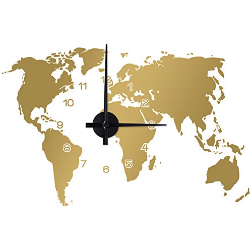 WANDKINGS "Weltkarte Wanduhr Wandtattoo (Farbe: Uhr=Schwarz, Aufkleber=Gold) von WANDKINGS