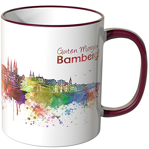 WANDKINGS® Tasse, Schriftzug Guten Morgen Bamberg! mit Skyline - Bordeaux von WANDKINGS