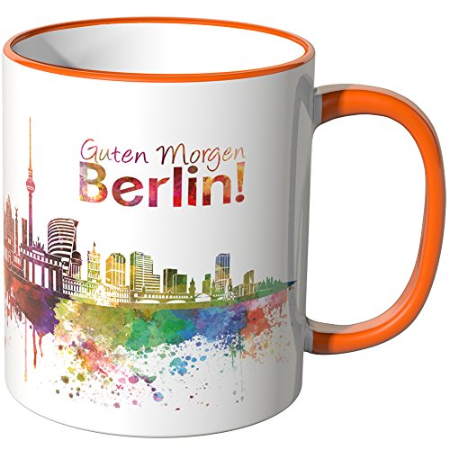 WANDKINGS® Tasse, Schriftzug Guten Morgen Berlin! mit Skyline - ORANGE von WANDKINGS