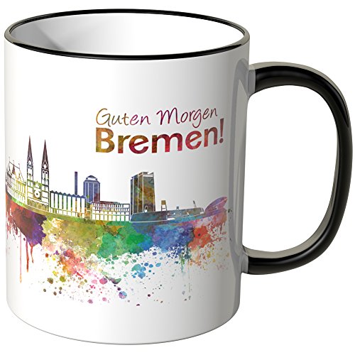 WANDKINGS® Tasse, Schriftzug Guten Morgen Bremen! mit Skyline - SCHWARZ von WANDKINGS