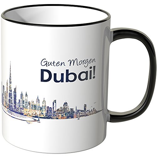 WANDKINGS® Tasse, Schriftzug Guten Morgen Dubai! mit Skyline bei Nacht - SCHWARZ von WANDKINGS