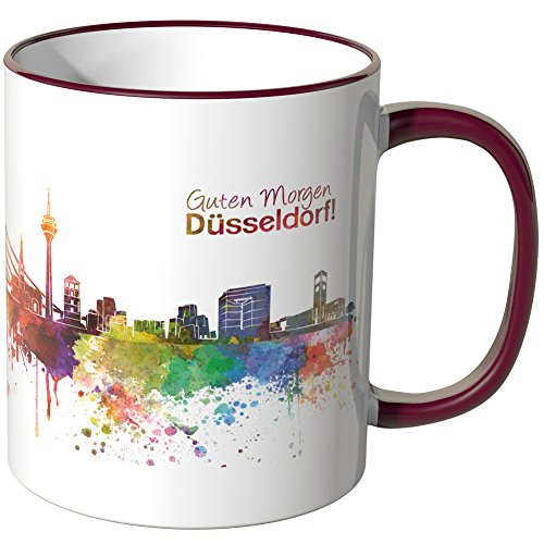 WANDKINGS® Tasse, Schriftzug Guten Morgen Düsseldorf! mit Skyline - Bordeaux von WANDKINGS