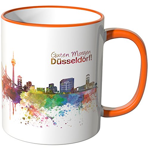 WANDKINGS® Tasse, Schriftzug Guten Morgen Düsseldorf! mit Skyline - ORANGE von WANDKINGS