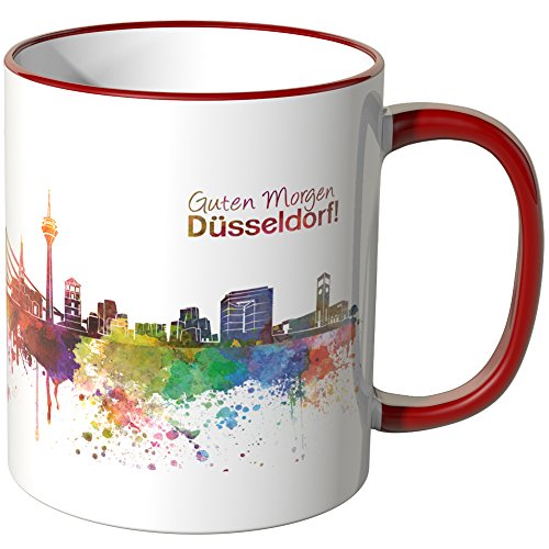 WANDKINGS® Tasse, Schriftzug Guten Morgen Düsseldorf! mit Skyline - ROT von WANDKINGS