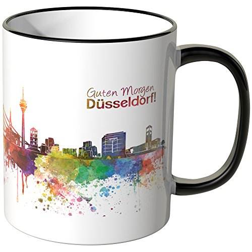 WANDKINGS® Tasse, Schriftzug Guten Morgen Düsseldorf! mit Skyline - SCHWARZ von WANDKINGS