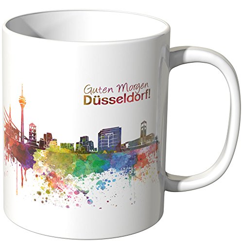 WANDKINGS® Tasse, Schriftzug Guten Morgen Düsseldorf! mit Skyline - Weiß von WANDKINGS