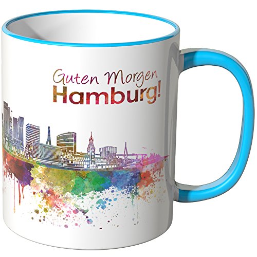 WANDKINGS® Tasse, Schriftzug Guten Morgen Hamburg! mit Skyline - BLAU von WANDKINGS