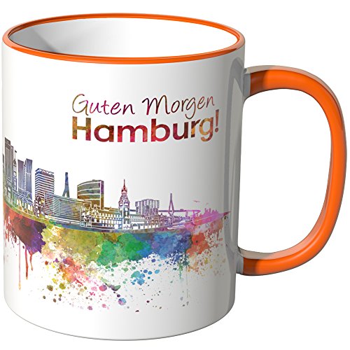 WANDKINGS® Tasse, Schriftzug Guten Morgen Hamburg! mit Skyline - ORANGE von WANDKINGS