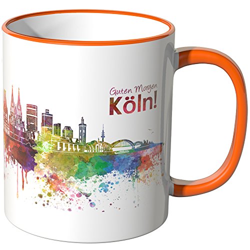 WANDKINGS® Tasse, Schriftzug Guten Morgen Köln! mit Skyline - ORANGE von WANDKINGS