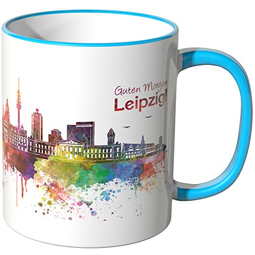 WANDKINGS® Tasse, Schriftzug Guten Morgen Leipzig! mit Skyline - BLAU von WANDKINGS