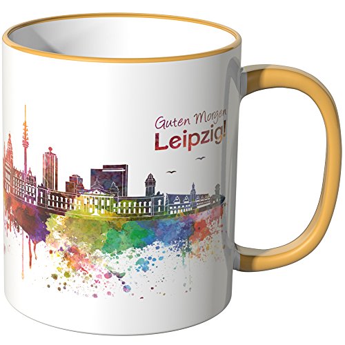 WANDKINGS® Tasse, Schriftzug Guten Morgen Leipzig! mit Skyline - DUNKELGELB von WANDKINGS