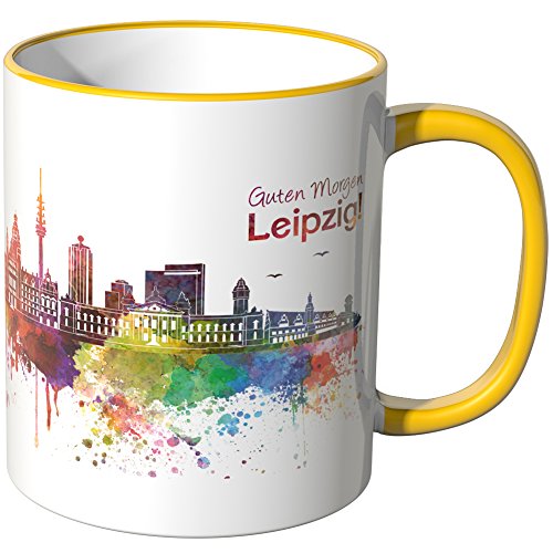 WANDKINGS® Tasse, Schriftzug Guten Morgen Leipzig! mit Skyline - GELB von WANDKINGS