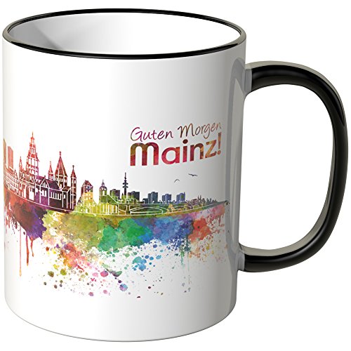 WANDKINGS® Tasse, Schriftzug Guten Morgen Mainz! mit Skyline - SCHWARZ von WANDKINGS