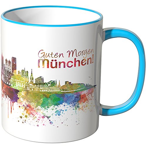 WANDKINGS® Tasse, Schriftzug Guten Morgen München! mit Skyline - BLAU von WANDKINGS