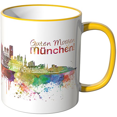 WANDKINGS® Tasse, Schriftzug Guten Morgen München! mit Skyline - GELB von WANDKINGS