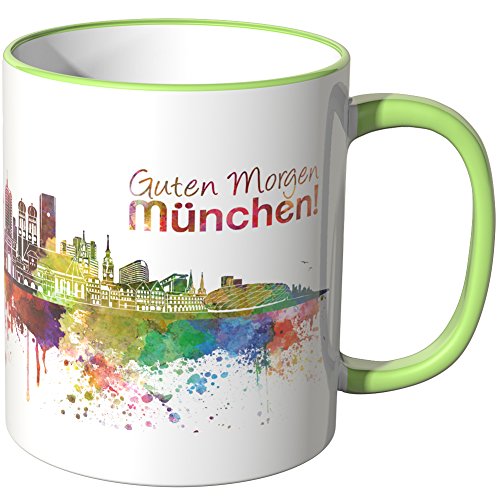 WANDKINGS® Tasse, Schriftzug Guten Morgen München! mit Skyline - HELLGRÜN von WANDKINGS