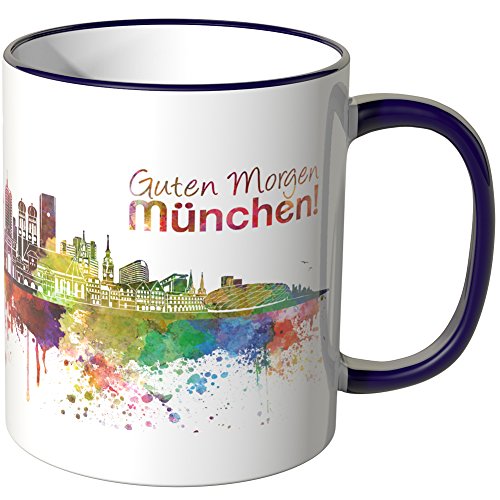 WANDKINGS® Tasse, Schriftzug Guten Morgen München! mit Skyline - LILA von WANDKINGS
