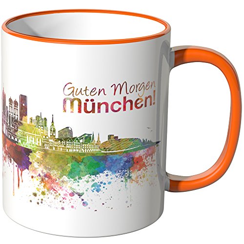 WANDKINGS® Tasse, Schriftzug Guten Morgen München! mit Skyline - ORANGE von WANDKINGS