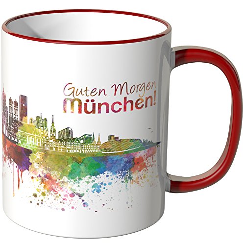 WANDKINGS® Tasse, Schriftzug Guten Morgen München! mit Skyline - ROT von WANDKINGS