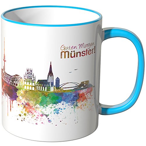 WANDKINGS® Tasse, Schriftzug Guten Morgen Münster! mit Skyline - BLAU von WANDKINGS