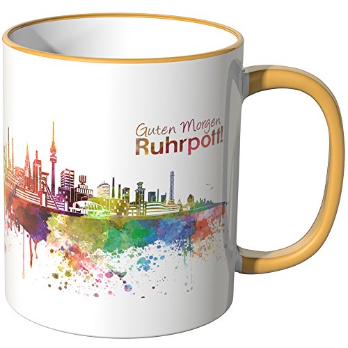 WANDKINGS® Tasse, Schriftzug Guten Morgen Ruhrpott! mit Skyline - DUNKELGELB von WANDKINGS