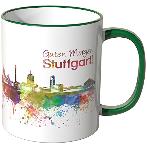 WANDKINGS® Tasse, Schriftzug Guten Morgen Stuttgart! mit Skyline - GRÜN von WANDKINGS