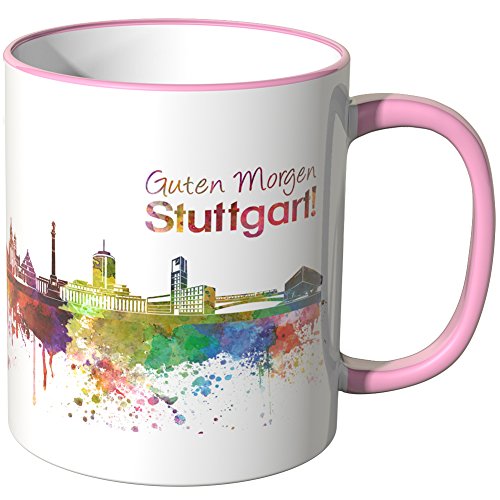 WANDKINGS® Tasse, Schriftzug Guten Morgen Stuttgart! mit Skyline - ROSA von WANDKINGS