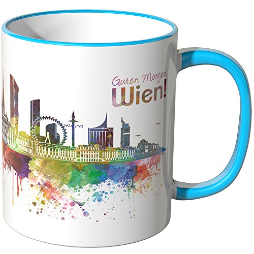 WANDKINGS® Tasse, Schriftzug Guten Morgen Wien! mit Skyline - BLAU von WANDKINGS