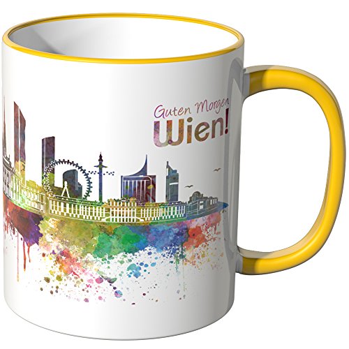 WANDKINGS® Tasse, Schriftzug Guten Morgen Wien! mit Skyline - GELB von WANDKINGS