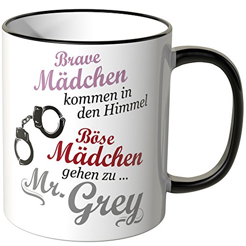 WANDKINGS® Tasse, Spruch: Brave Mädchen kommen in den Himmel …, mit Handschellen - SCHWARZ von WANDKINGS