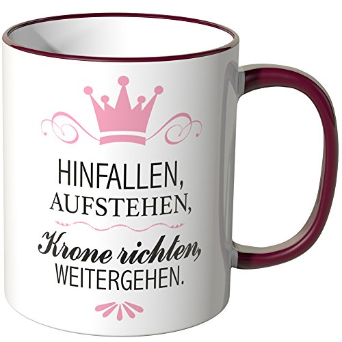 WANDKINGS® Tasse, Spruch: Hinfallen, AUFSTEHEN, Krone richten, WEITERGEHEN. - Bordeaux von WANDKINGS