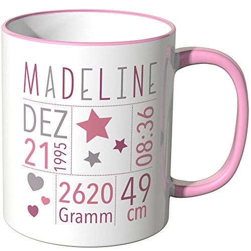 Wandkings Geburtstasse - Tasse mit Wunschname und individuellen Geburtsdaten des Babys - persönliches Geschenk zur Geburt - Wähle eine Farbe - Rosa von WANDKINGS