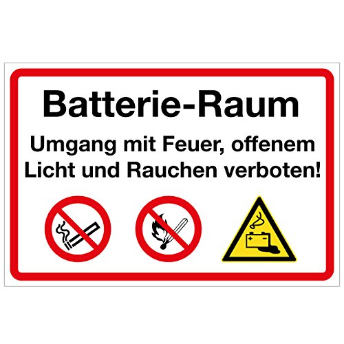 WANDKINGS Hinweisschild - Batterie-Raum Umgang mit Feuer, offenem Licht und Rauchen verboten! - stabile Aluminium Verbundplatte - Wähle eine Größe - 40x30 cm von WANDKINGS