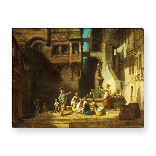 Wandkings Leinwandbilder von Carl Spitzweg - Wähle ein Motiv & Größe: "Wäscherinnen am Brunnen" - 40 x 30 cm von WANDKINGS