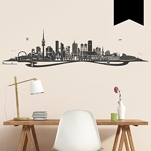 WANDKINGS Wandtattoo Skyline München mit Fluss 120 x 31 cm - Schwarz - 35 Farben zur Wahl von WANDKINGS