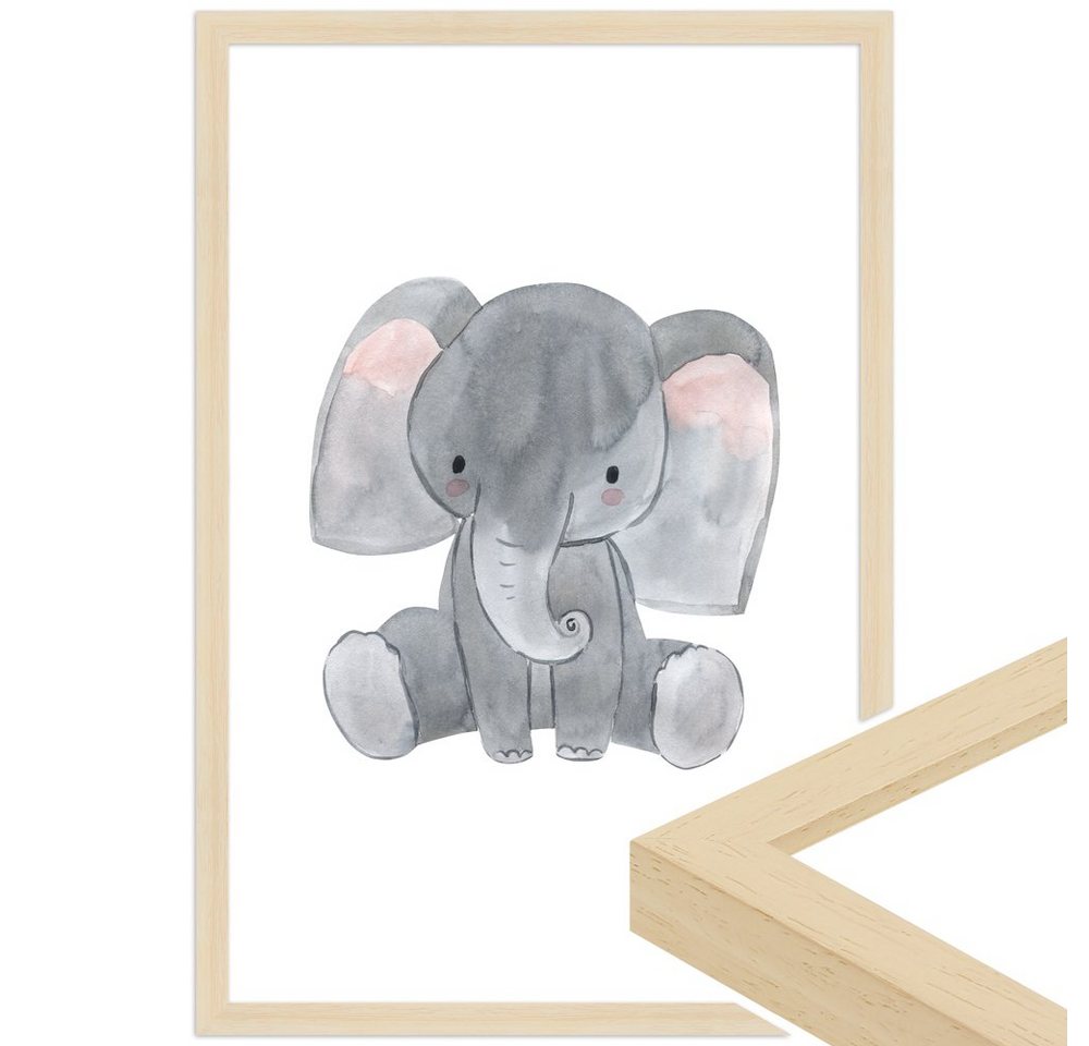 WANDStyle Bild mit Rahmen Elefant, Aquarell Poster für Kinderzimmer von WANDStyle