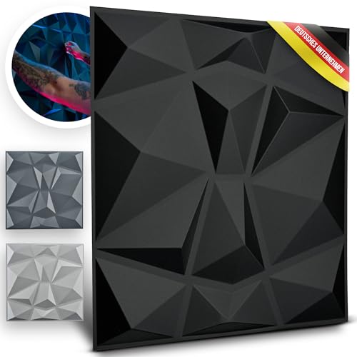 WANEELL - 3D Wandpaneele Diamond Design - 12x 50cm x 50cm Wandplatten (3qm) - Hochwertige PVC Paneele ideal für die Gaming Wand - Auch als Deckenpaneele verwendbar (3d Wandpanele Tapeten Schwarz) von WANEELL