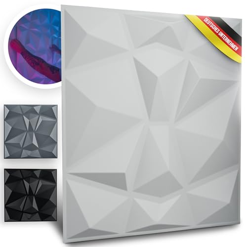 WANEELL - 3D Wandpaneele Diamond Design-12 Stück 50cm x 50cm Wandplatten (3qm) - Hochwertige PVC Paneele ideal für die Gaming Wand - Auch als Deckenpaneele verwendbar (Weiß) von WANEELL