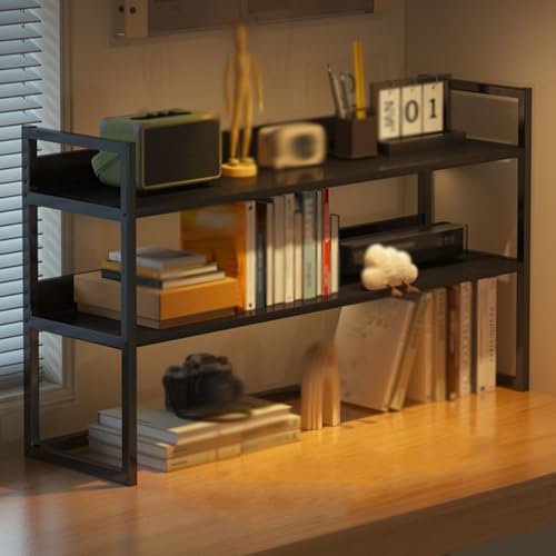 WANGCEPLSD 3-stöckiger Tischregal fürs Wohnheim, Regal Schreibtisch aus Metall, Holzregale, für Büro, Wohnheim, Zuhause, Rückwand mit Rückenlehne(Black,50cm/20in) von WANGCEPLSD