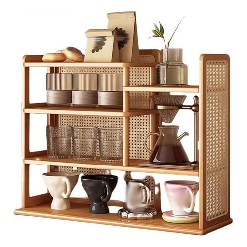 WANGCEPLSD Schreibtisch Regal aus Bambus, 4-stöckiger Tischregal Schreibtisch mit Rattan-Rückseite, Stabile Tragfähigkeit, für Büro, Wohnzimmer, Offene Aufbewahrung(Beige,51x66x22cm) von WANGCEPLSD