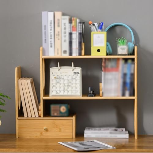 WANGCEPLSD Verstellbarer Schreibtisch Regal, Kleines Regal aus Bambus mit 1 Schublade, für Zuhause, Büro Und Wohnheim, Verstellbare Länge, mit Abnehmbaren Buchstützen(Beige,55-82cm/21-31in) von WANGCEPLSD