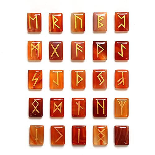 WANGCL 25-teiliges Set aus roten Jaspis-Runensteinen, getrommelter Edelstein mit geschnitzten Runenwörtern für Wahrsagen, Kristallheilung, Reiki von WANGCL